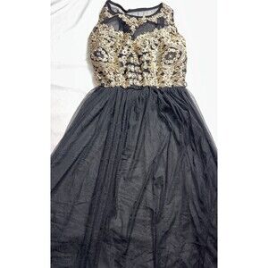 black Gold lace Flower Overlay Cocktail Party  Fit Flare Goth Glam Hoco BL